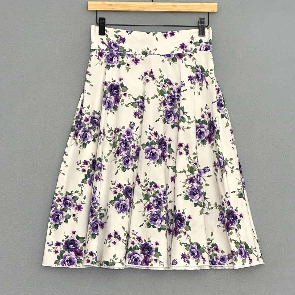 VTG Sara USA Womens Skirt M White Purple Floral A Line Midi Feminine Cottagecore